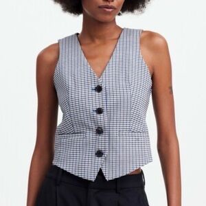 MADEWELL NAVY TAUPE PLAID BUTTON FRONT SLEEVELESS VEST WOMENS SZ 0 NWT